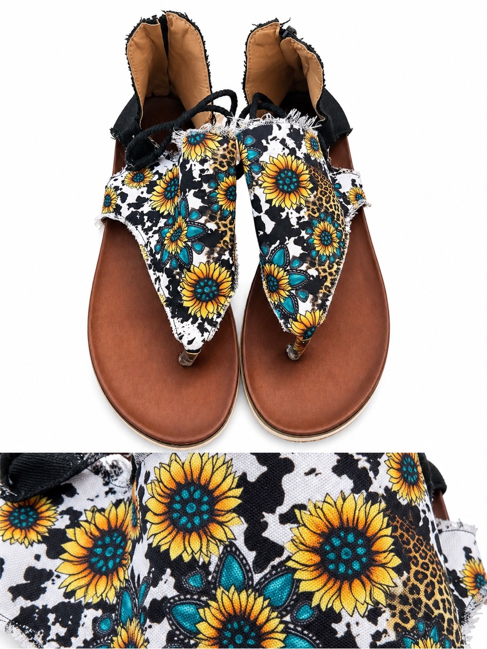 Floral Sunflower Black & Brown cow print Women’s Thong Sandals